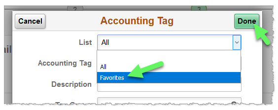 Screenshot: A drop down menu in the Accounting Tag filtering function allows filtering by favorites.