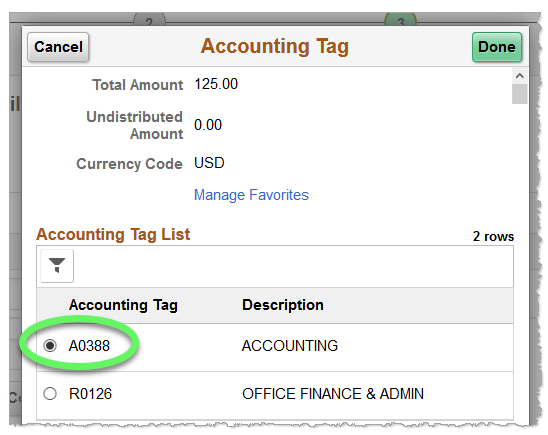 Screenshot: Accounting Tag has filtered results containing only favorited accounting tags