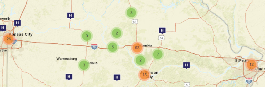 Segment of MO map with numbered points indicating location of health care resources